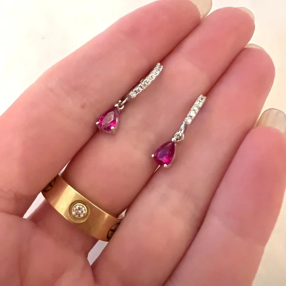 Lab Ruby Drop, Sterling Silver and CZ Huggie Hoops - stamped .925 - Picture 2 of 8